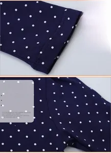 Detail of navy blue polka dot cotton dress showing stitched cuffs and shoulder seams