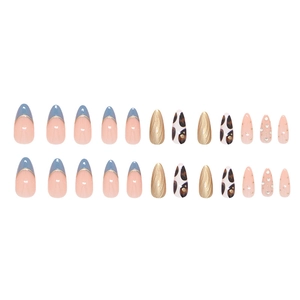 Blaue French Press-on Nails mit 3D-Goldrelief und Leopardenmuster in Mandelform