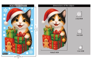 Christmas window sticker set with a cute cat in Santa hat and snowflake decals