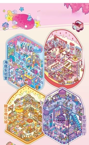 Detail view of four 2.5D cartoon miniature scenes including Undersea Lab and Game City