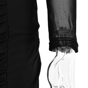 Close-up of black mesh fabric with ruching detail on a slim-fit long-sleeve dress