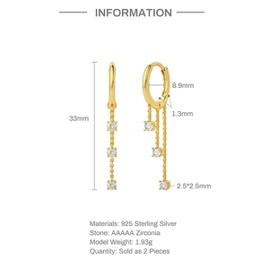 Detailed size parameters of 925 silver fringe drop earrings with AAAAA cubic zirconia