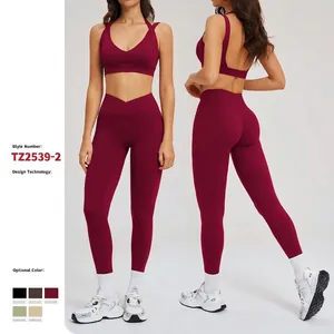 Reggiseno Sportivo Con Scollo A V E Leggings A Vita Alta Incrociata Con Tasche Traspirante Yoga Palestra Abbigliamento