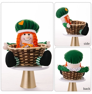 Multi-angle view showing front side and back of a St. Patrick's Day doll storage basket