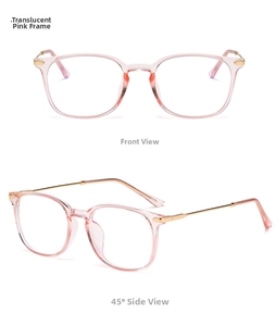 Dettaglio di occhiali TR90 rosa trasparente con eleganti accenti metallici dorati sulle aste