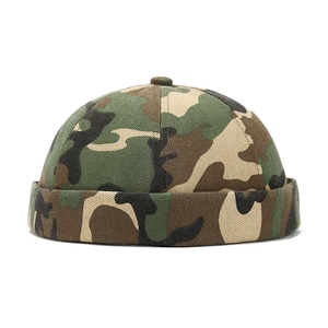Unisex woodland camouflage docker hat with rolled cuff edge and classic brimless design