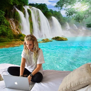 Nature waterfall tapestry wall hanging for bedroom decor featuring lush forest and green lake