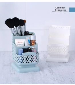 Close-up of three-tier plastic pen holder with rattan weave design for desk storage