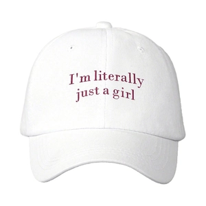 White baseball cap with I'm literally just a girl embroidery in burgundy text
