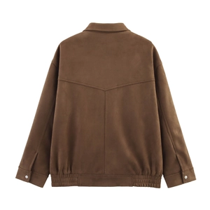 Women's brown suede-textured flight jacket with a lapel collar and unique V-shaped back stitching
