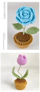 Detailed close-up of blue and purple hand-knitted crochet potted flowers in woven pots