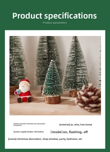 Close-up of snow-flocked mini Christmas trees with wooden bases and warm festive lighting