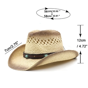 Western straw cowboy hat with turquoise buckle and adjustable size measurements