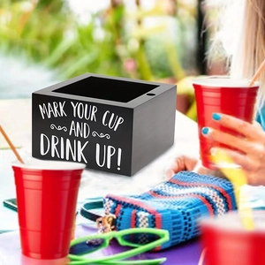 Square black wooden disposable cup holder with marker slot for outdoor parties