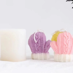 Silicone mold for knitted glove candles with detailed winter wool texture and 3 finished samples