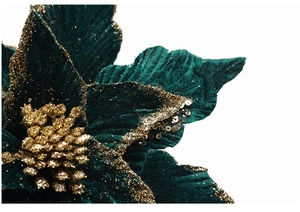 Macro shot of 30cm dark green velvet Christmas flower with gold sequins and glitter trim
