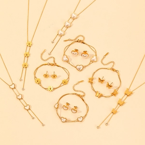 Stainless Steel Butterfly Heart Jewelry Necklace Bracelet Earrings 18K Gold Plated Shell Artificial Pearl Elegant Women Accessory