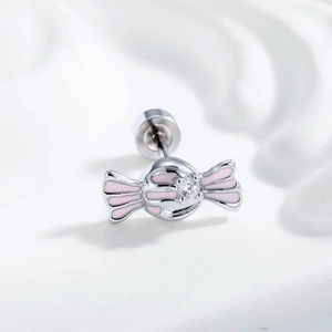 Sweet pink enamel candy stud earring in silver finish with a clear cubic zirconia stone