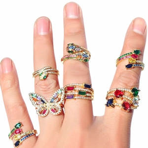 Adjustable Open Rings Copper 18K Gold Plated Colorful Cubic Zirconia Rainbow Butterfly Snake Retro Fashion Jewelry For Women