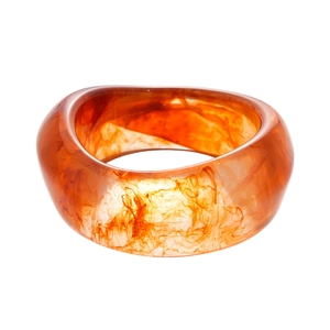 Orange translucent acrylic wide wave bangle with artistic smoky ink pattern for women