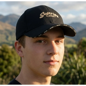 Close-up of black baseball cap with Sunrise SUNSET embroidery and twill fabric texture