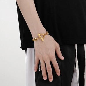 Chunky gold stainless steel link chain bracelet with unique industrial bolt OT toggle clasp