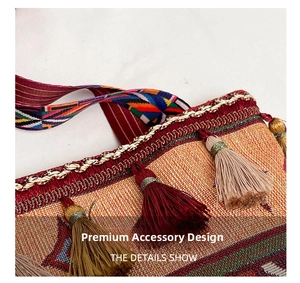Detail of ethnic woven tote featuring colorful geometric patterns and multi-color tassels