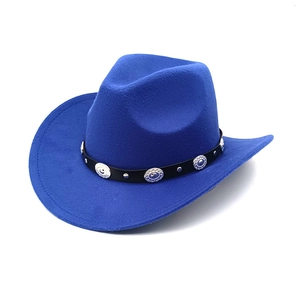 Close-up of royal blue felt cowboy hat with vintage silver studs on black leather band