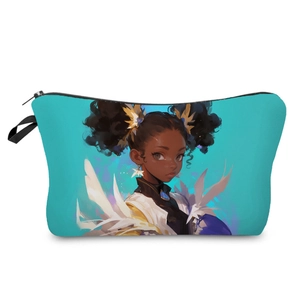 Cosmetic bag with black girl double buns and white wings print on teal background