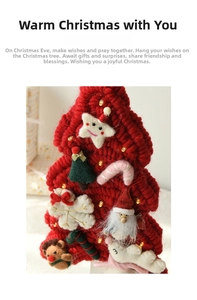 Close-up of handmade red knitted Christmas tree with miniature felt star and elk ornaments