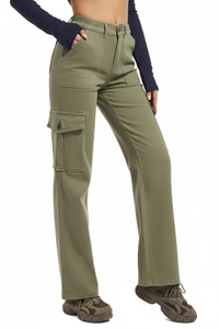 Detail of high-waisted cargo pants in olive green with functional side pockets