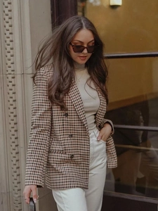 Klassischer zweireihiger Damen-Karierter Blazer im Vintage-Herbst-Streetstyle-Look