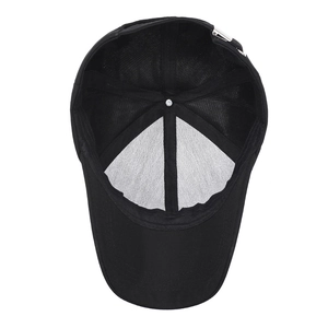 Men's black baseball cap interior view with sweatband and adjustable metal buckle