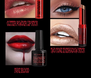 Halloween Make-up Set mit Glitzer-Lippenstift, Lidschattenstift und 4ml Kunstblut-Effekt