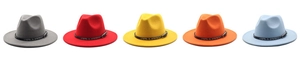 Classic wide brim fedora hats in gray red yellow orange and blue with belt detail