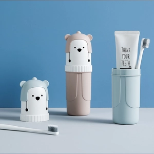 Kit de gobelets de voyage ours mignon rose et bleu pour brosses à dents et dentifrice