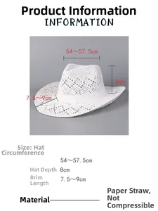 Size specifications for white hollow-weave straw cowboy hat with 54-57.5cm circumference
