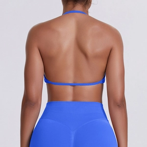 Detail view of the seamless racerback design on a royal blue sports bra for fitness