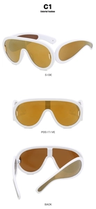 Three-way view of white punk oversized sunglasses with yellow one-piece lens detail