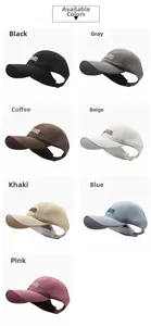 Detail view of seven colorful baseball caps with RADD embroidery and ponytail-friendly back