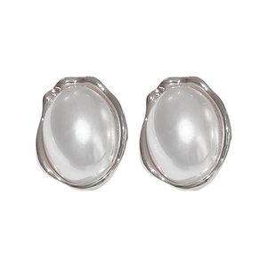 French vintage silver irregular wavy stud earrings with oval moonstone resin centerpiece