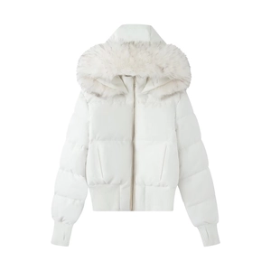 Close-up of a white padded coat with fluffy faux fur hood and ribbed cuffs