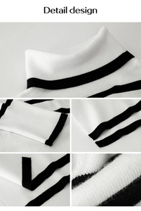Detailaufnahmen von gestreiftem Strickpullover mit Rollkragen und gerippten Seitenschlitzen