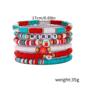 Detailed view of Christmas clay bead bracelets set with snowman charms and size specs