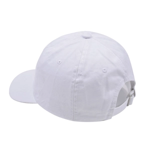 Rear view of white baseball cap with cotton twill fabric and adjustable metal buckle
