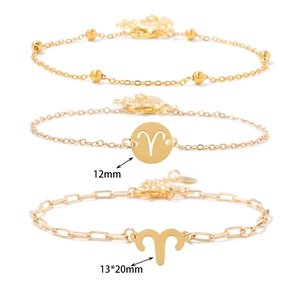Golden Aries constellation bracelet set with bead chain and engraved charm details