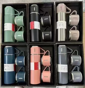 Multiple sets of 500ml vacuum flask gift boxes with three lids in various colors