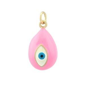 Close-up of pink teardrop evil eye pendant with gold plating and drip oil enamel detail