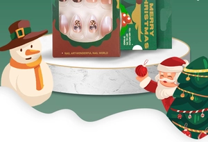 Macro detail of Christmas press-on nails with red and green festive gift packaging