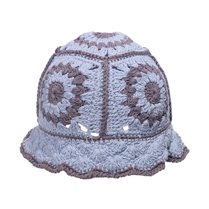 Japanese style hand-crocheted floral bucket hat in gray and purple vintage knit pattern